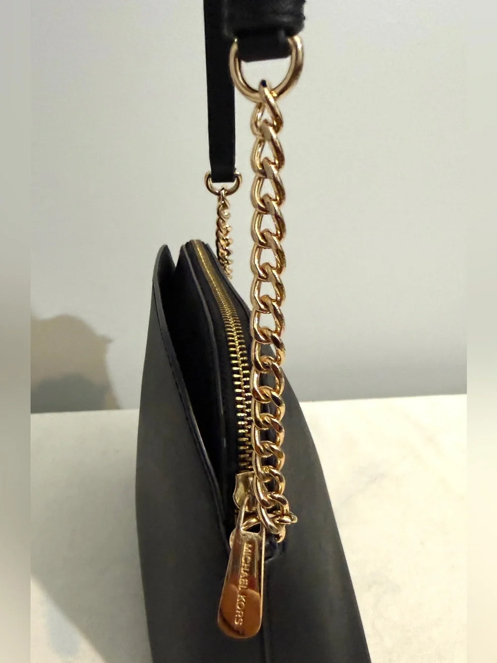 Michael Kors Black Saffiano Leather Dome Crossbody with Gold Hardware